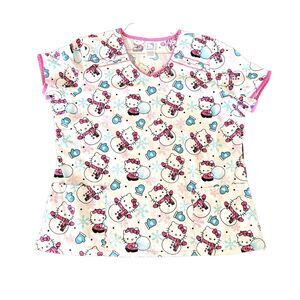 Hello Kitty Scrubs Sanrio V Neck Top Snowman Snowflakes Glitter PLUS SIZE 2XL